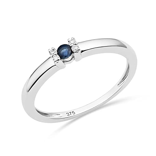 Miore anillo de compromiso con 4 diamantes naturales 0,02 quilates y zafiro azul natural 0,11 quilates engastados en oro blanco 9 quilates 375