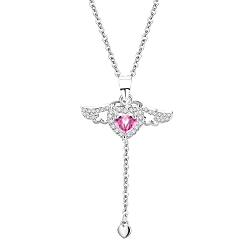 MEDSEF Collar de corazón de Plata de Ley 925 con Joyas de Diamantes de imitación para Mujer, Colgante de alas móviles de ángel, joyería de Moda (Pink)
