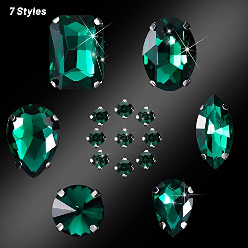 156 Diamantes de Imitación de Coser de Vidrio Transparente Diamantes de Imitación de Espalda Plana con Engaste de Diente de Metal Cristales Pedrería de Garra Formas Mixtas de Costura (Verde Pavo Real)