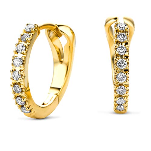 Miore pendientes de aro redondos oro amarillo 14 quilates 585 con diamantes talla brillante 0,11 ct - Ø 11Mm