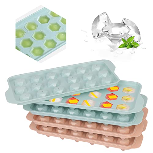 FYY Ghiaccio - Molde para cubitos de hielo con tapa, bandejas para cubitos de hielo en forma de diamante con tapa, moldes para máquina de hielo, paquete de 4, azul + rosa