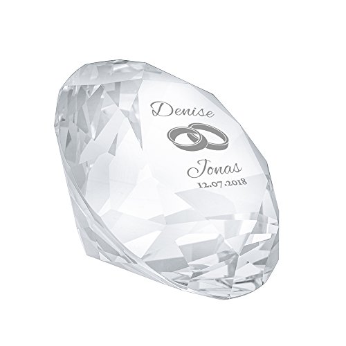 Casa Vivente Pisapapeles de Cristal de Vidrio, Modelo Diamante, Grabado para Bodas, Personalizado con 2 Nombres y Fecha, Motivo Anillos