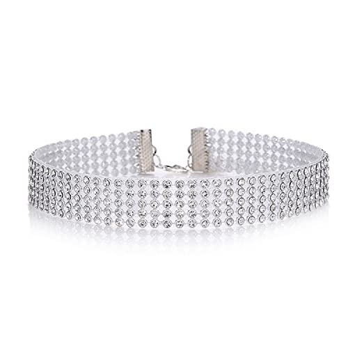 Gargantilla de diamantes de imitación collar de gargantilla de cristal ancho collar de diamantes de 5 filas-8 filas joyería chapada en plata para mujeres y niñas (Blanco-5-filas)