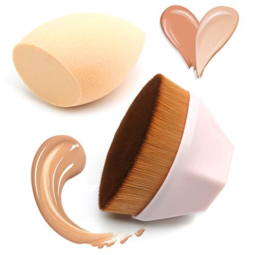 Brocha para base de maquillaje con base plana y esponja aplicadora para cremas, polvos y líquidos, para un maquillaje impecable (rosa)