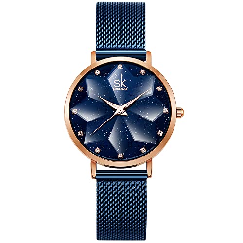 SHENGKE Reloj de Mujer Cielo Estrellado con Cristal de Corte de Diamantes Brillantes y Correa de Malla de Acero Inoxidable Relojes Elegantes para Mujer(Starry-Mesh Band-Blue)
