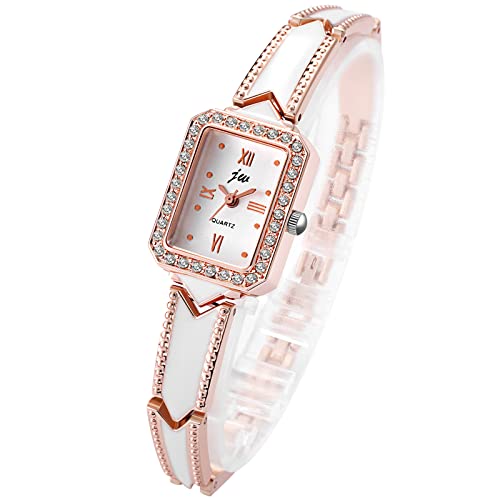 JewelryWe Reloj para Mujer, Reloj de Pulsera de Cuarzo con Esfera de Números Romanos y Diamantes de Imitación Cuadrados, Oro Rosa