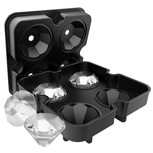 HMILYDYK Molde de silicona con forma de diamante para hacer bolas de hielo con tapa, 4 cubos de hielo grandes, molde de hielo sin BPA, negro