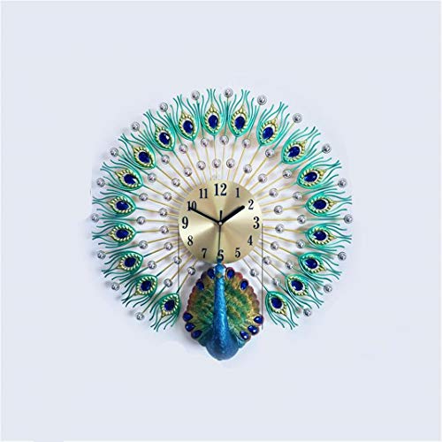 Reloj de pared Green Peacock, Silencio creativo sin marca Tick Craft Reloj de cuarzo silencioso, Reloj de pared con diamantes de cristal de lujo estéreo europeo, 50 cm
