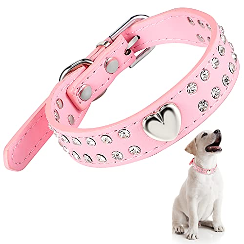 Collar de Perro de Cristal Collar de Mascotas con Diamantes de Imitación Collar de Cachorro Brillante Collar de Perro de Cuero de PU con Tachuelas de Corazón Collar Rosa Ajustable (M)