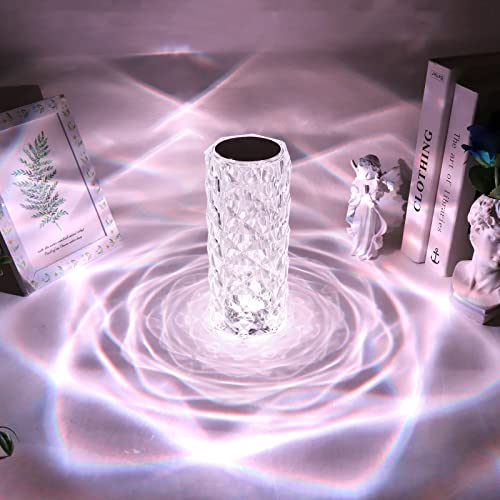 ZWOOS Lámpara de mesa de cristal - Lámpara de mesa LED de diamantes con 16 colores - Luz ambiental recargable - Control táctil y control remoto (Rose)