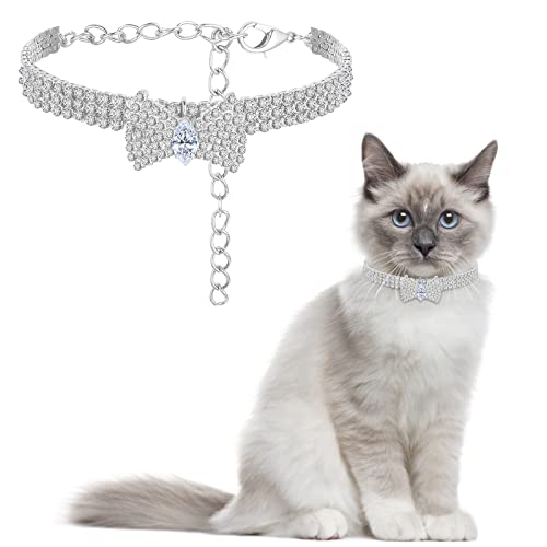 TIESOME Collar de gato con diamantes de imitación, lazo de cristal ajustable, collar de perro para gato grande, gatito, cachorro, collar de mascota pequeño y mediano (plateado)