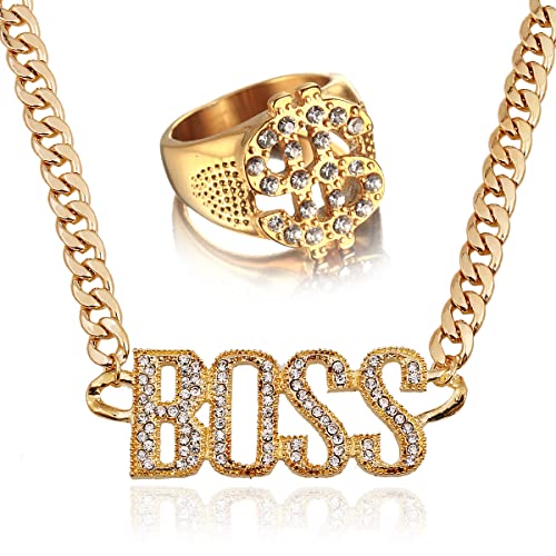 simyron Colgante de oro de hip hop, anillo chapado en oro de hip hop, cadena chapada en oro de hip hop, accesorios de rapero de hip hop, collar de dólar de oro con anillo de dólar de oro