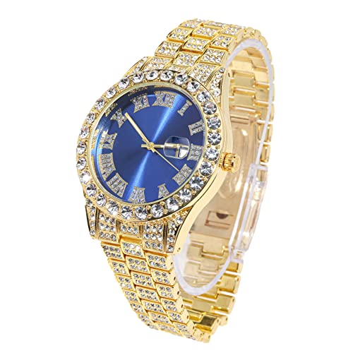 HALUKAKAH Diamante Reloj Oro, Hombres Chapado Oro Real 18K 42MM Ancho Esfera Azul Cuarzo Pulsera 24cm, con Caja de Regalo