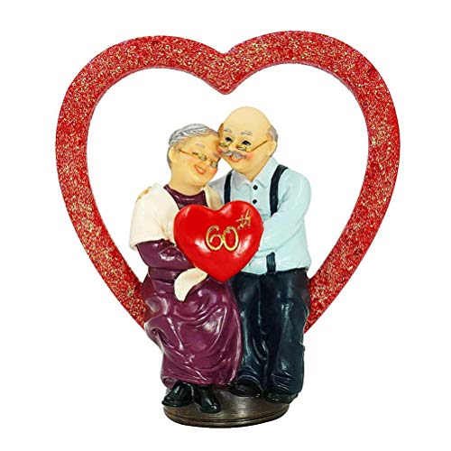 Aoneky Figura para Bodas de Diamante - Figura de Pareja de Ancianos en Corazón, Regalo de 60 Aniversario Bodas de Diamante para Padres Abuelos Ancianos, Estatua de Resina