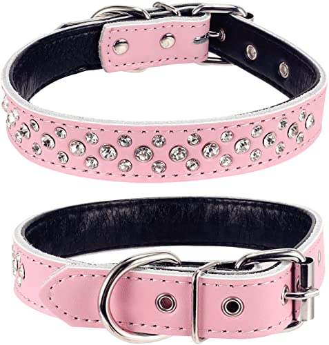 Haoyueer Collar de perro con diamantes de imitación, collar de piel auténtica con tachuelas de cristal brillante ajustable para perros pequeños y medianos (M, rosa)