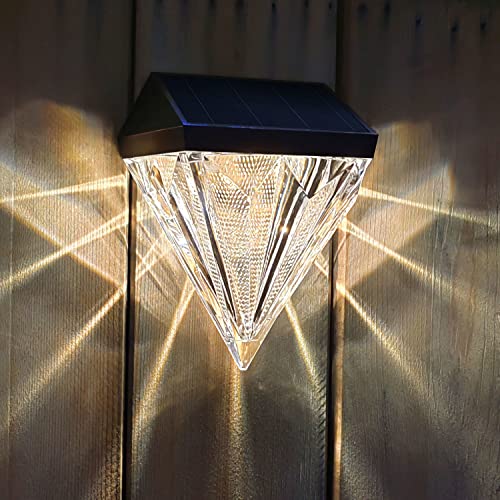 Paquete de 2 luces LED solares de pared para lámparas solares de exterior, lámpara solar de diamante, 3000 K, blanco cálido, luz de pared exterior, LED impermeable, iluminación de pared de jardín