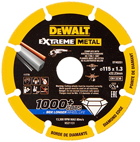Dewalt DT40251-QZ DT40251-QZ-Disco de Corte con Borde diamantado Extreme Metal 115x1.3x22.3 mm