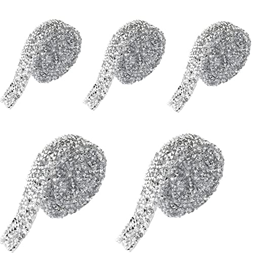 5 Rollos de Cinta de Diamantes de Imitación de Cristal, Autoadhesivo Pegatinas de Diamantes Brillantes Rollo de Cinturón para DIY Artes Manualidades Teléfono Coche Decoración 5 Yardas 1,5cm Plata
