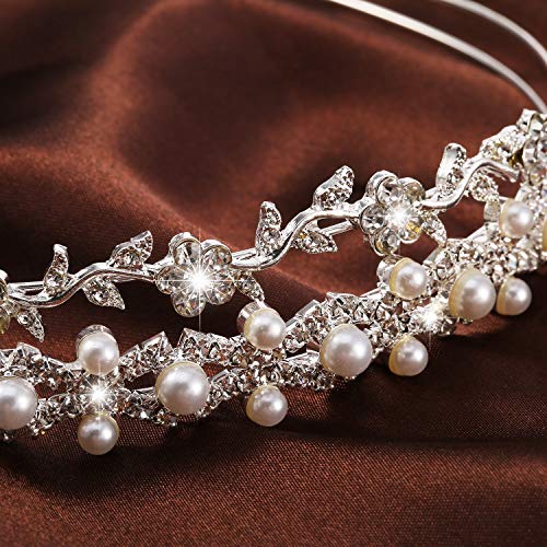 2 Piezas de Diadema de Diamantes de Perlas Falsas de Mujeres de Boda de Fiesta Banda de Pelo de Corona de Flor y Hojas para Novia Damas de Honor