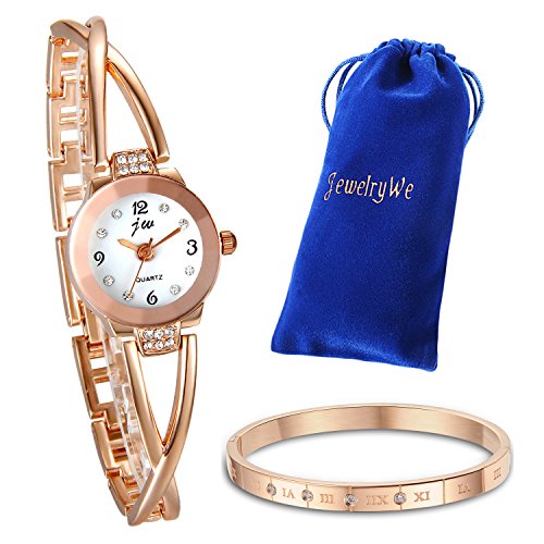 JewelryWe Juego de Pulsera con Reloj Oro Rosa, Moda Reloj de Diamantes Brillantes con Pulsera,Regalos dias de Madre