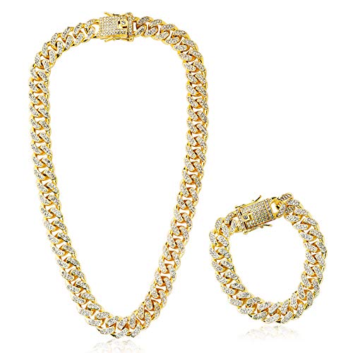 BHGT Collar Cadena 45cm + Pulsera 20cm con Diamante de Imitación Dorado Hip Hop Cubana para Hombre Mujer de Aleacion