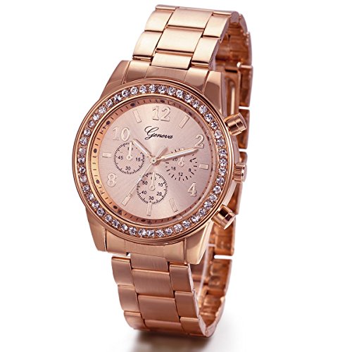 JewelryWe Relojes Rosas de Mujer Precioso Cuarzo de Acero Inoxidable, Reloj de Pulsera con Diamantes de Imitación Brillante, Oro Rosa Buen Regalo