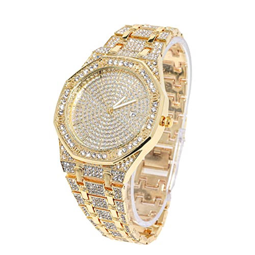 HALUKAKAH Diamante Reloj Oro, Hombres Chapado Oro Real 18K 40MM Ancho Octogonal Ronda Esfera Cuarzo Pulsera 22cm, con Caja de Regalo