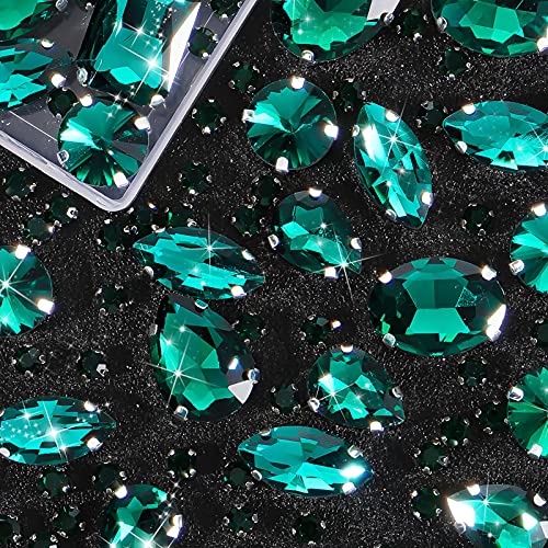 156 Diamantes de Imitación de Coser de Vidrio Transparente Diamantes de Imitación de Espalda Plana con Engaste de Diente de Metal Cristales Pedrería de Garra Formas Mixtas de Costura (Verde Pavo Real)