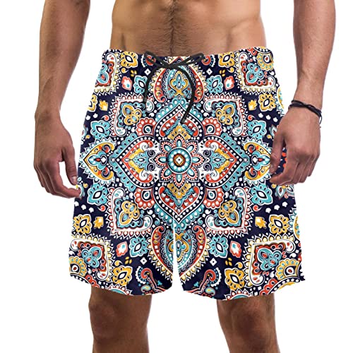 Pantalones cortos de baño para hombre con bolsillos, estéticos, diamantes de mandala, de secado rápido, con forro de malla para el verano, Multicolor, XL